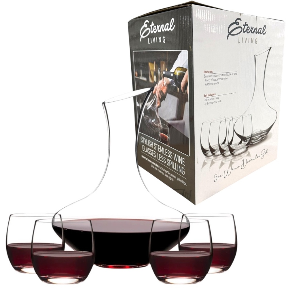 Eternal Living 5pc Wine Decanter Set w/ 4 Stemless Glasses – 50oz Carafe
